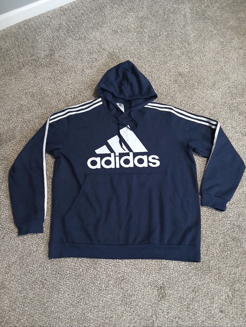 adidas Navy Blue Hoodie with White Logo and Stripes 2XL